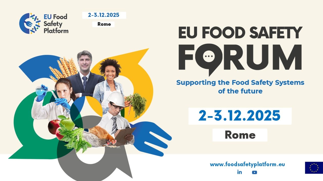 Promotional banner for the EU Food Safety Forum 2025. The design features diverse professionals, including a scientist, a farmer, an engineer and two young adults, surrounded by colorful abstract shapes and food items such as vegetables and grains. On the right, the text reads “EU Food Safety Forum – Supporting the Food Safety Systems of the future.” The event dates “2–3.12.2025” and location “Rome” are highlighted. Logos of the EU Food Safety Platform and the European Union appear, along with the website www.foodsafetyplatform.eu and social media icons.