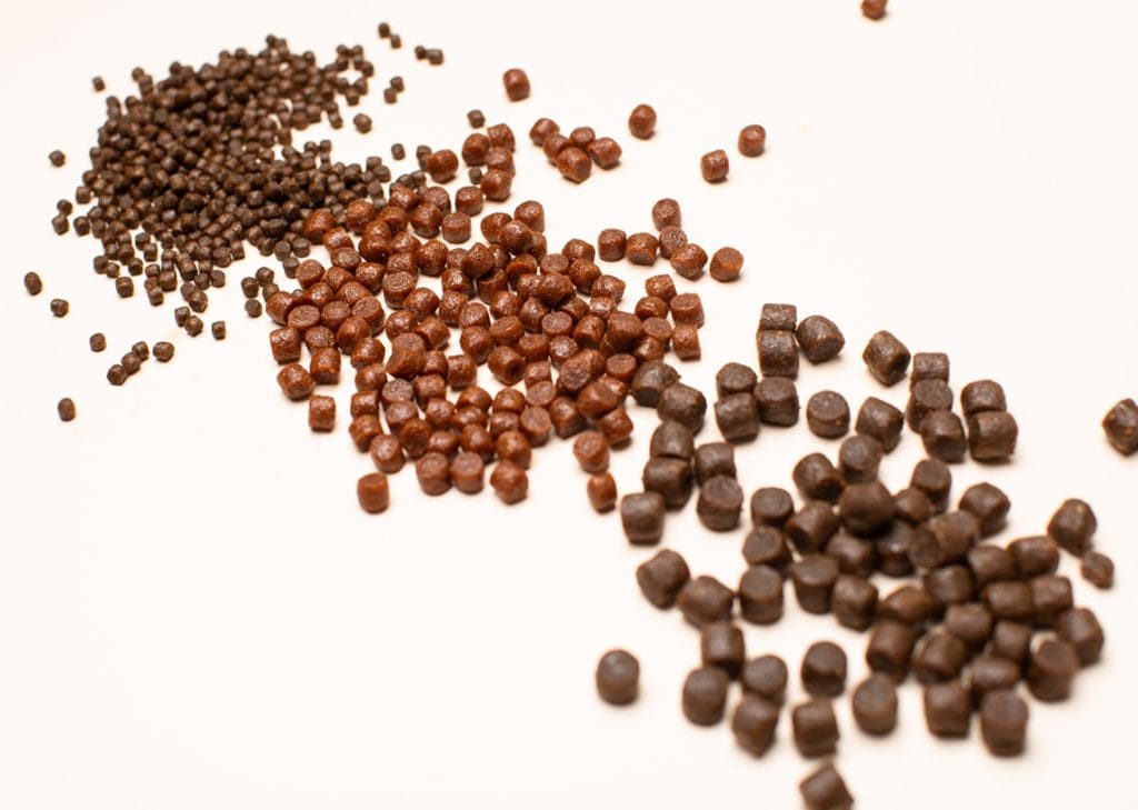 Different types of fish feed pellets on a white surface, shown in varying sizes and shades of brown.