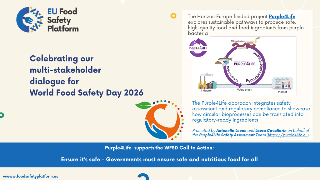 Promotional graphic for World Food Safety Day 2026 featuring the Purple4Life project. The design highlights a multi-stakeholder dialogue on food safety and explains how Purple4Life explores sustainable production of safe, high-quality food and feed ingredients from purple bacteria. The graphic emphasizes safety assessment, regulatory compliance, and circular bioprocesses, alongside the World Food Safety Day call to action for governments to ensure safe and nutritious food for all.