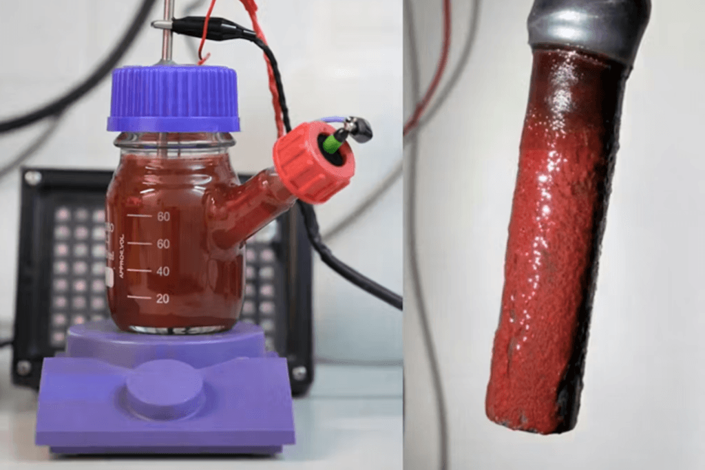 Electro-bioelectrochemical reactor with purple phototrophic bacteria growing on the electrode. On the right, a close-up of the colonised electrode: the bacterial biomass uses electrons to fix CO₂ and produce biomass and other valuable compounds. Image credit: M. J. García López, D. M. Puyol, A. Prado.