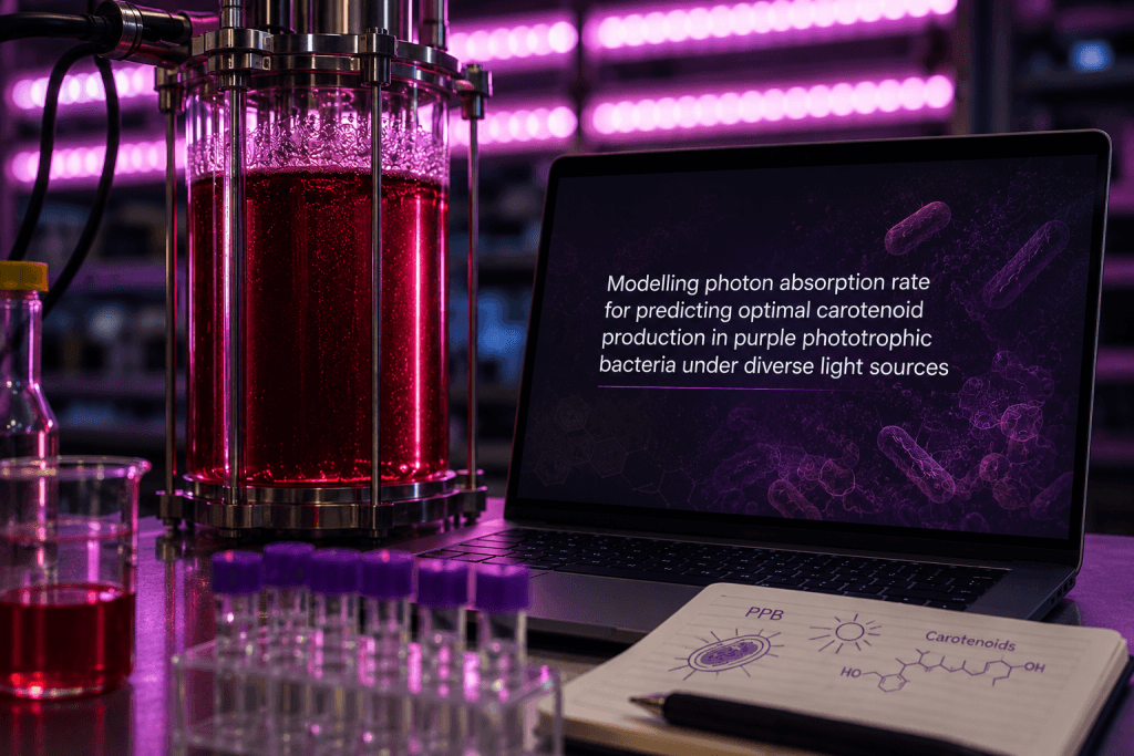 Conceptual laboratory scene with a photobioreactor containing purple bacterial culture and a laptop displaying the title of a scientific article on photon absorption and carotenoid production in purple phototrophic bacteria. Test tubes and lab equipment reinforce the biotechnology research setting.
