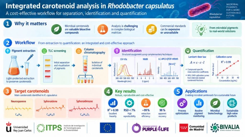 Five-step analytical workflow for carotenoid analysis in Rhodobacter capsulatus: pigment extraction from biomass, TLC screening on a silica-gel plate, column chromatography, identification by UV–Vis, NMR, HPLC and mass spectrometry, and quantification of neurosporene, spheroidene and spheroidenone by Lambert–Beer spectrophotometry and HPLC calibration curves.